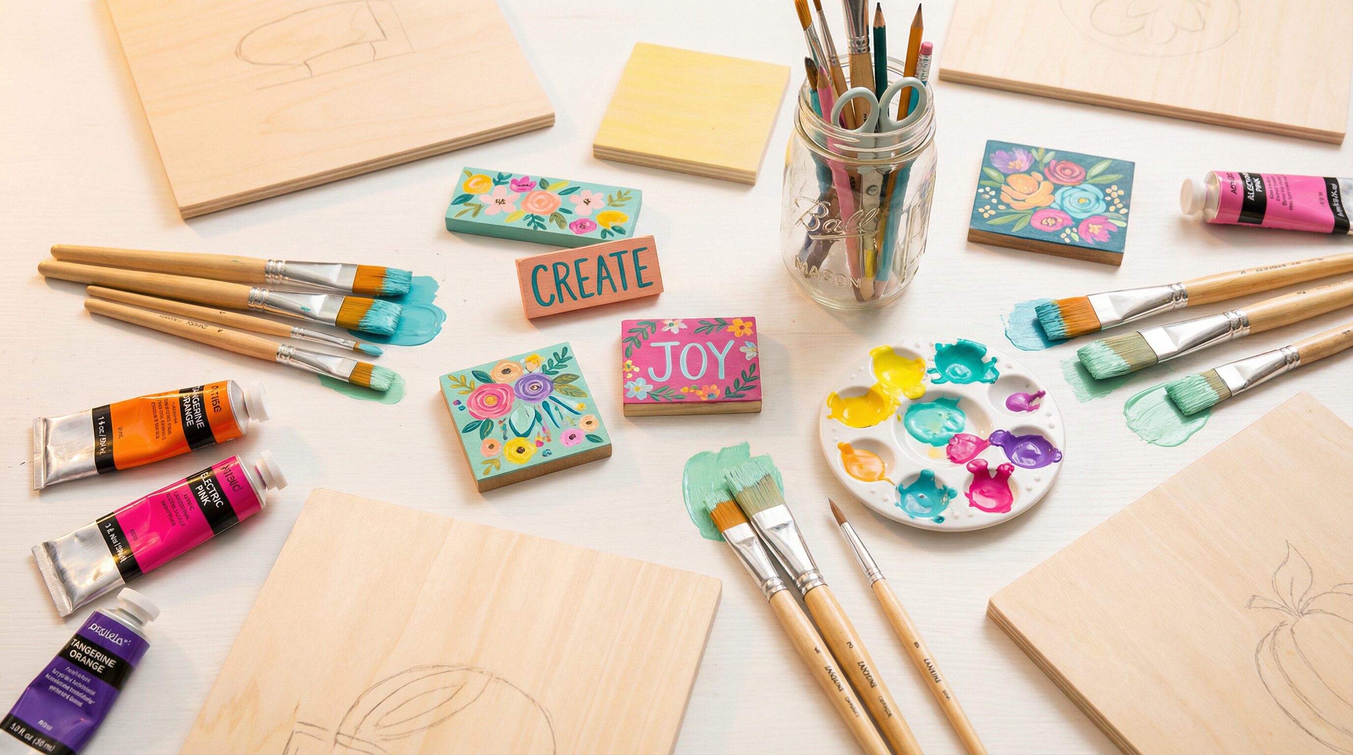 Colorful craft workshop supplies arranged artfully — paint brushes, wooden boards, and vibrant paint pots