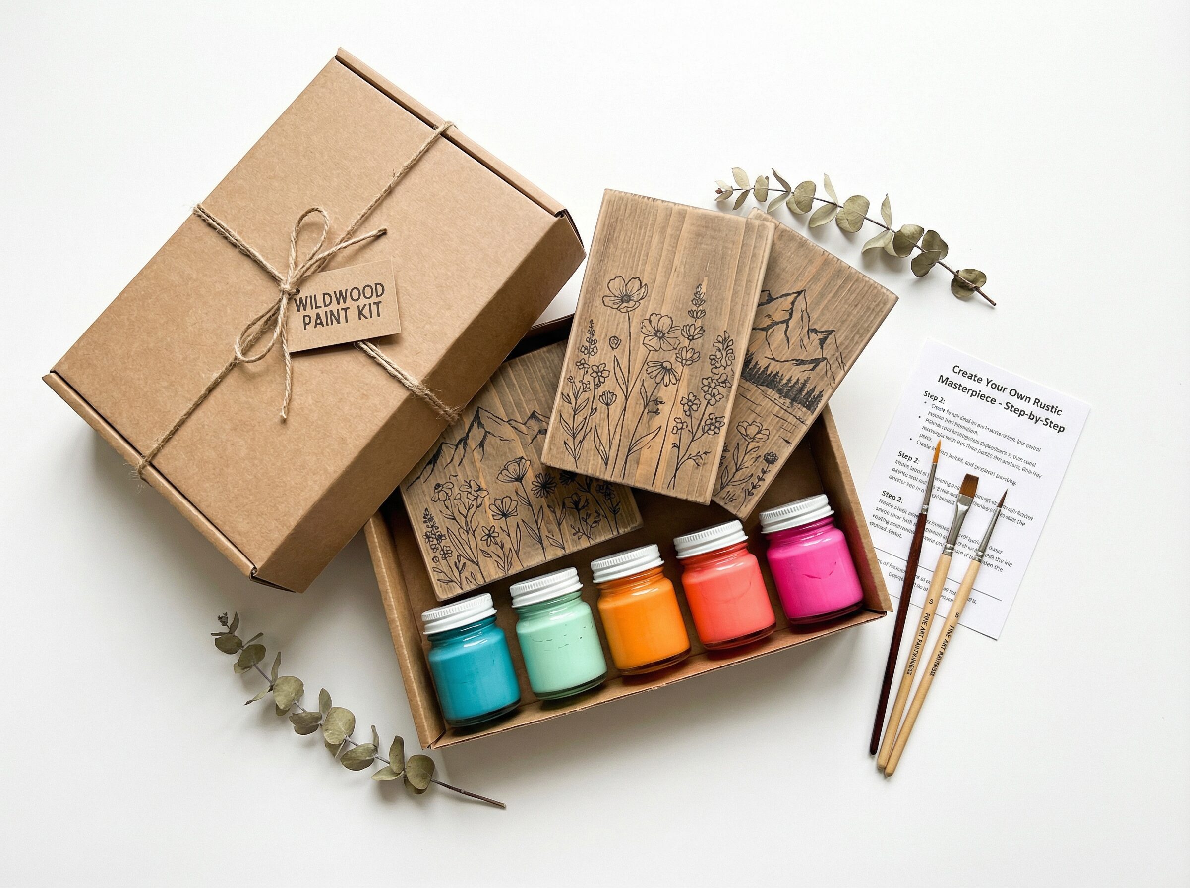 Wood painting kit with paint pots and wooden board in a kraft gift box